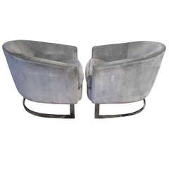 Fabulous Pair of Milo Baughman Barrel Back Chrome Flat Bar Lounge Chairs Mid Century Modern