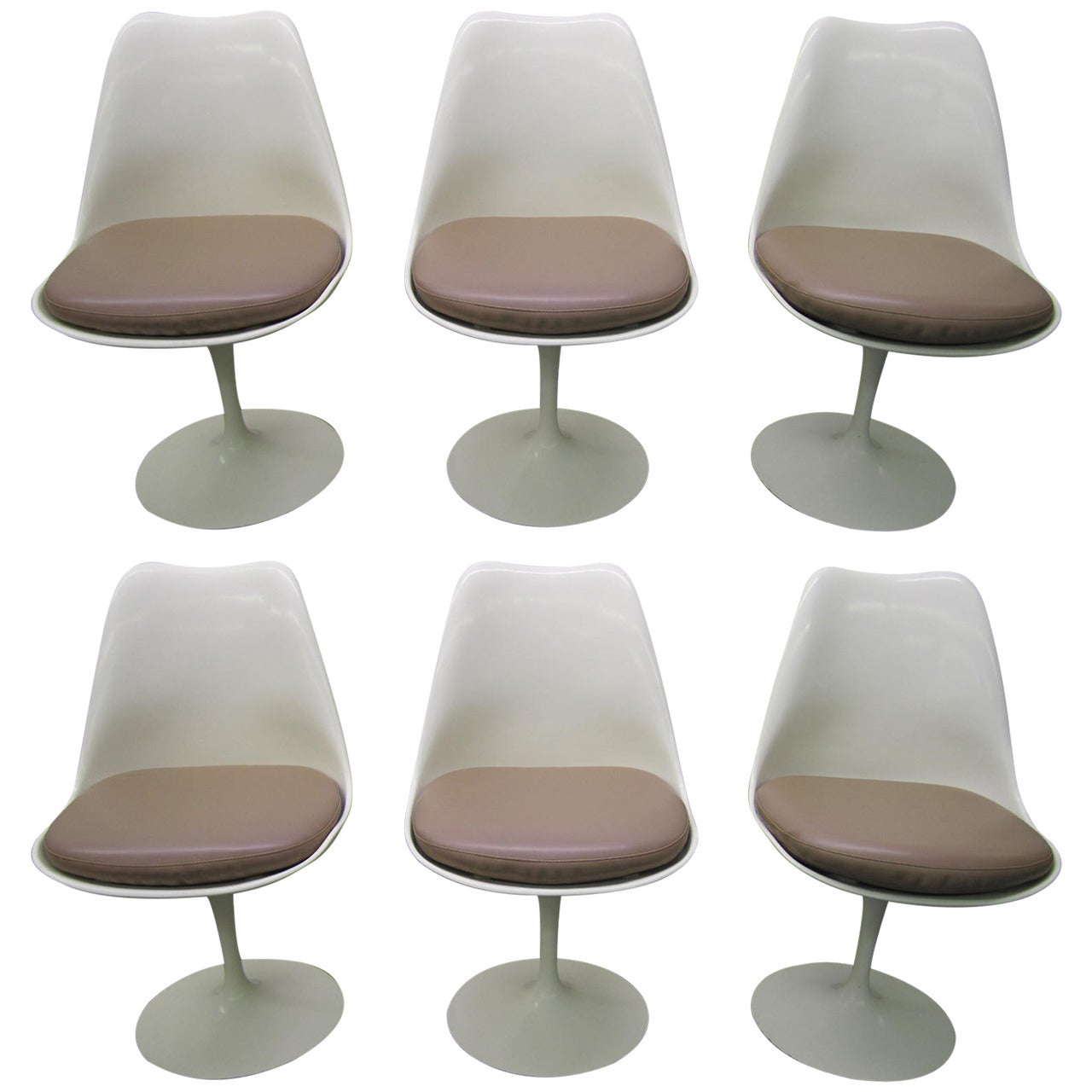 Six Vintage Knoll Saarinen White Tulip Swivel Dining Chairs, Mid-Century Modern