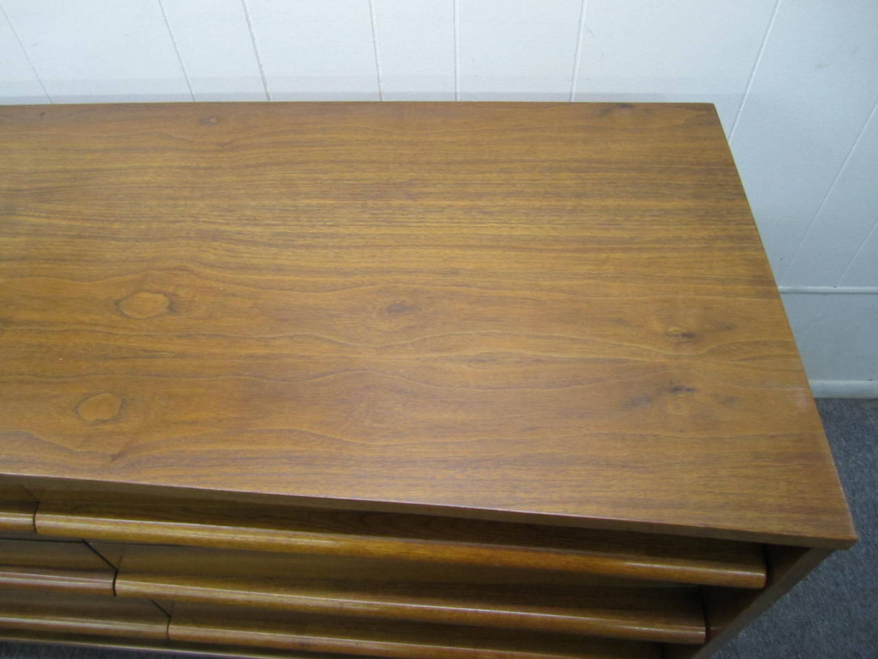 American Handsome Mid-century Modern Bowed Front Walnut Credenza For Sale