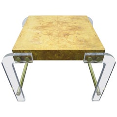 Milo Baughman style Lucite and Olive Ash Burl  Side End Table Mid-century Modern
