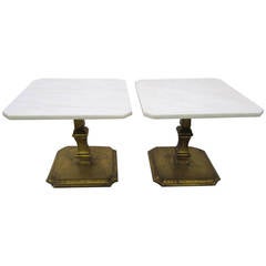 Lovely Pair of Regency Modern Marble Top Gilded Gold End Side Tables