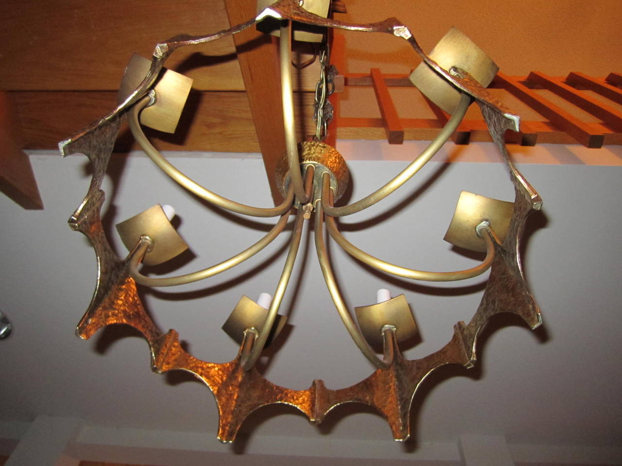Hammered Pair of Brutalist Brass Ring Chandelier by Moe Bridges