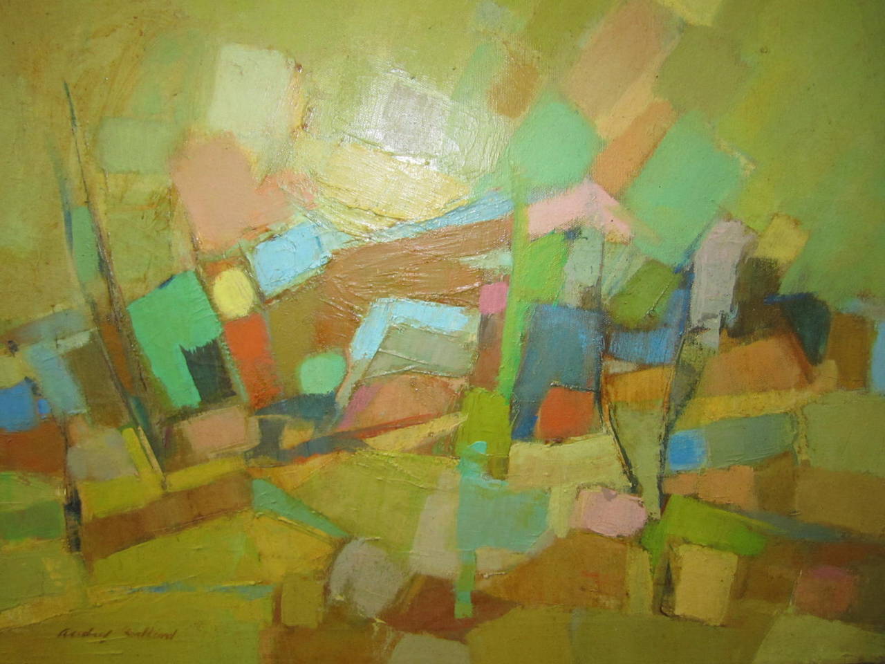 Lovely Audrey Salkind abstract oil painting in fantastic shades of celery green,tiffany blues and raw ochre.  Add some pop of color to your room or use as inspiration for your spaces color scheme.