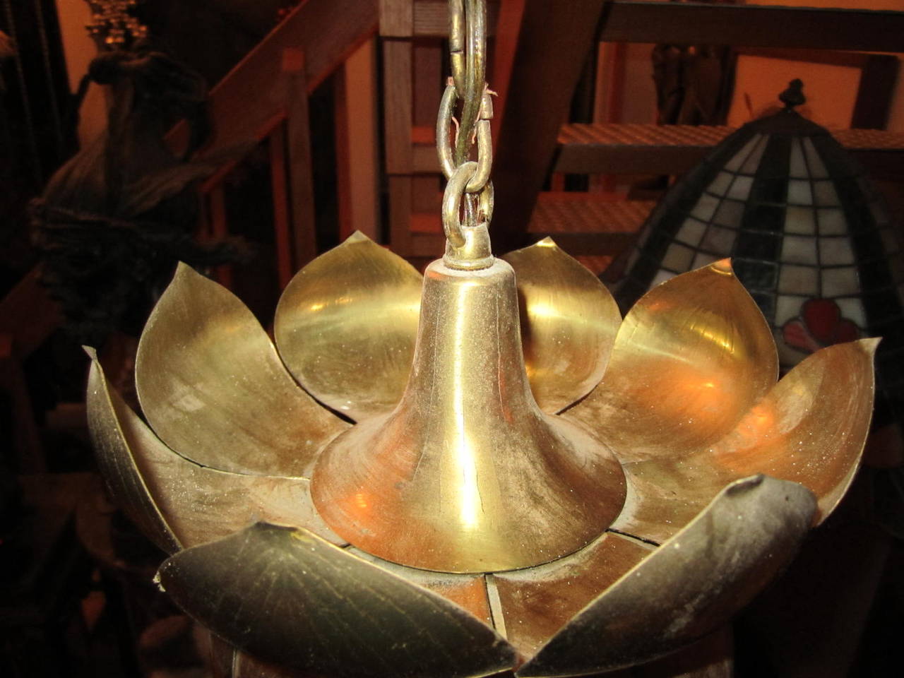 Stunning Etched Brass Feldman Lotus Pendant Light Chandelier Mid-century Modern In Good Condition In Pemberton, NJ