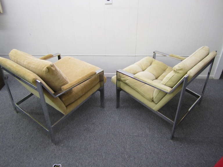 American Pair Of Milo Baughman Style Chrome Flat Bar Lounge Chairs Mid-century Modern For Sale