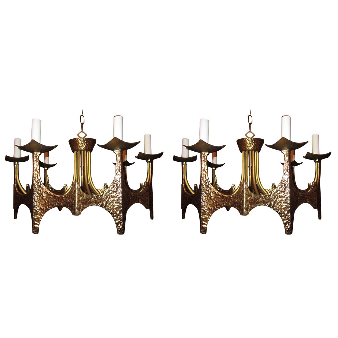 Pair of Brutalist Brass Ring Chandelier by Moe Bridges