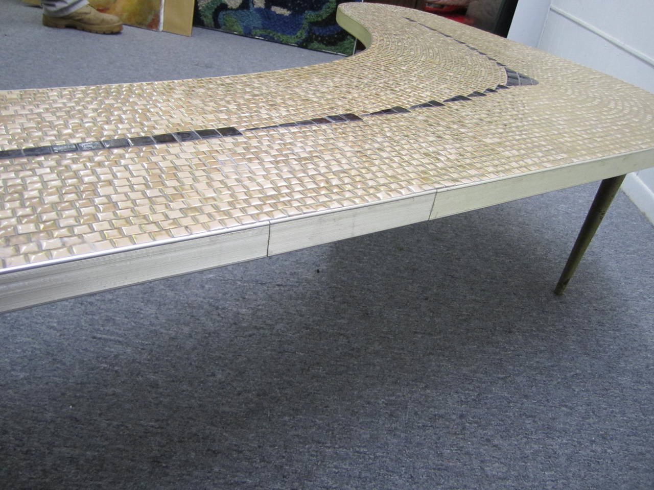 Brass Fun Mid-century Modern Boomerang Shaped Gold Mosaic Tile Top Coffee Table