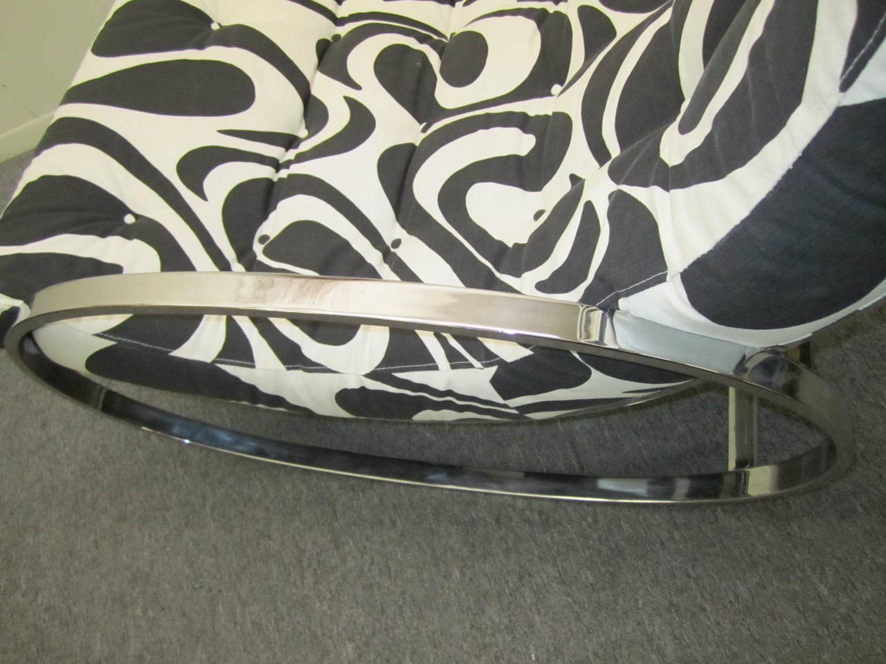 American Exciting Milo Baughman Style Chrome Oval Rocker Panton Fabric, Mid-Century For Sale