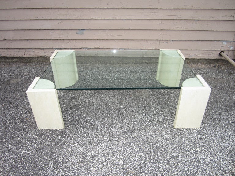 Karl Springer Style Tesselated Marble And Thick Glass Coffee Table Mid-century