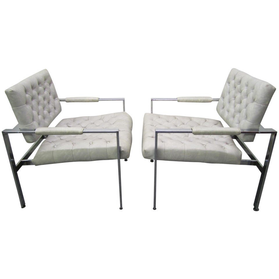 Lovely Pair of Milo Baughman Thayer Coggin Tufted Chrome Lounge Chairs For Sale