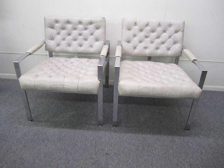 Lovely Pair of Milo Baughman Thayer Coggin Tufted Chrome Lounge Chairs For Sale 3