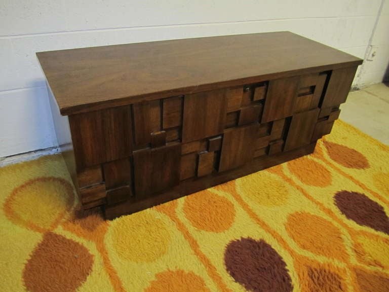 Fabulous Lane brutalist mosaic chunky walnut hope chest.  This piece is particularly rare and hard to find.  The chest is well thought out and constructed.  It retains it's original key and has a wonderfully thoughtful hiding slot on the back top