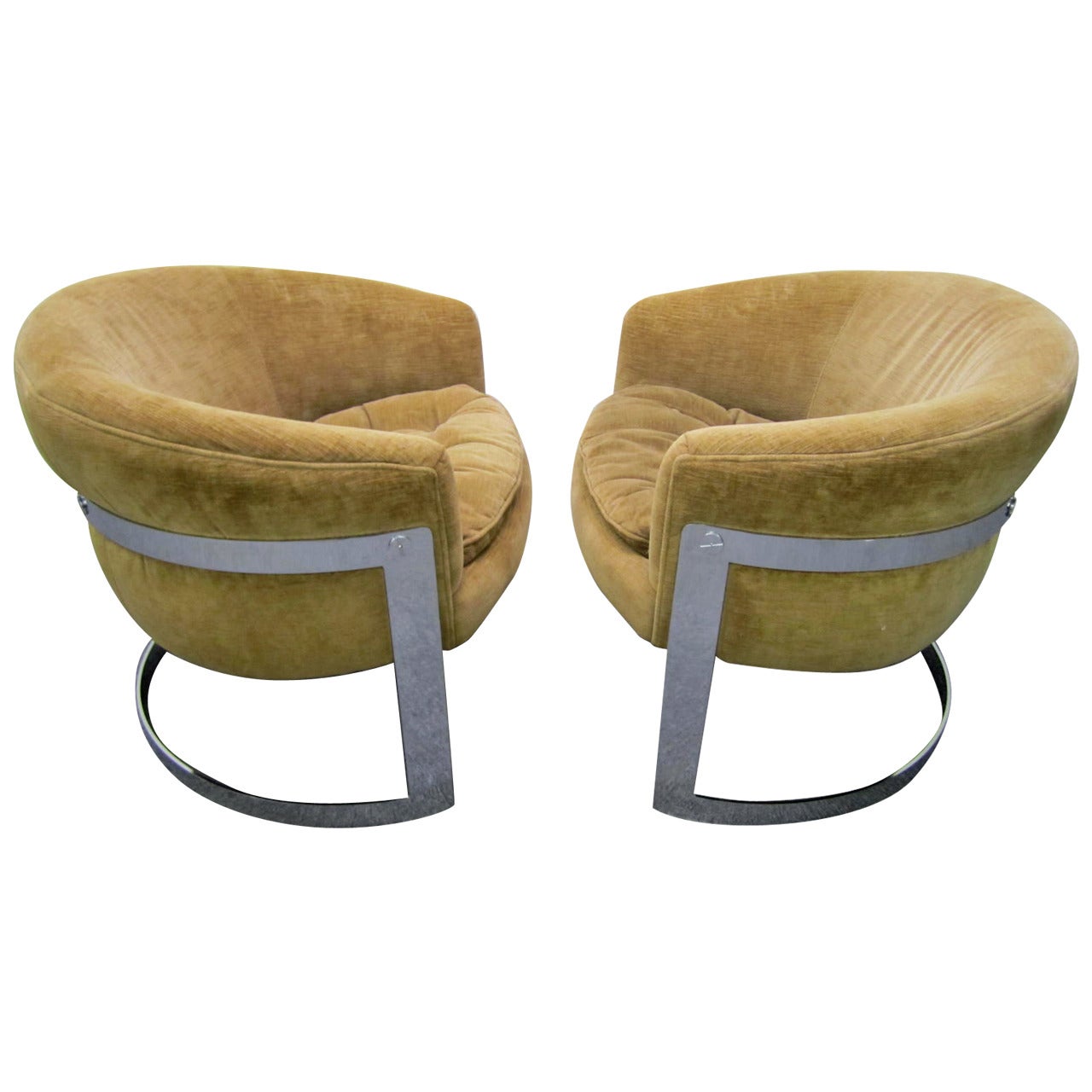 Pair of Barrel Back Chrome Lounge Chairs, Mid-Century Modern