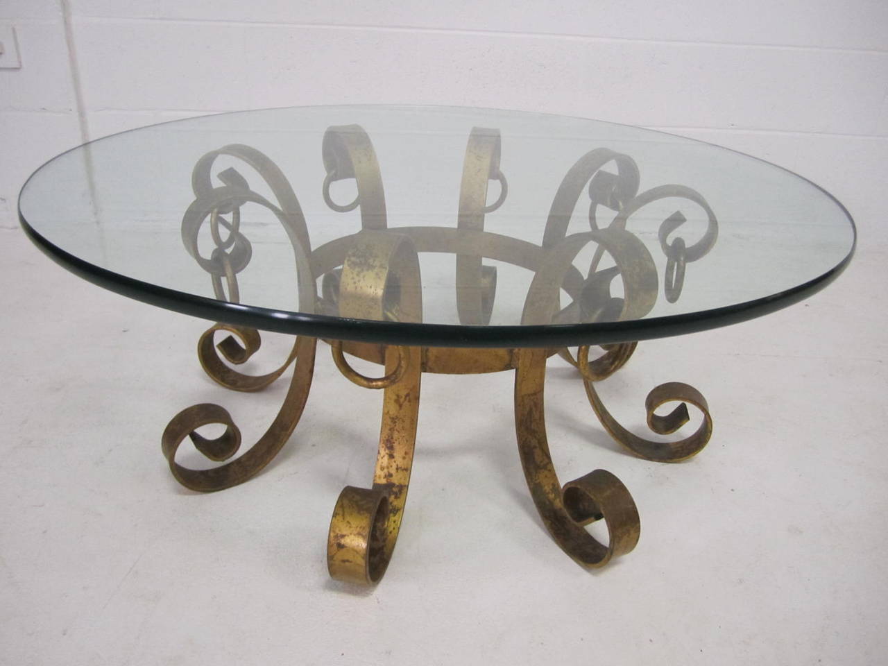 American Beautiful Gilded Iron Scroll Coffee Table Hollywood Regency Modern For Sale