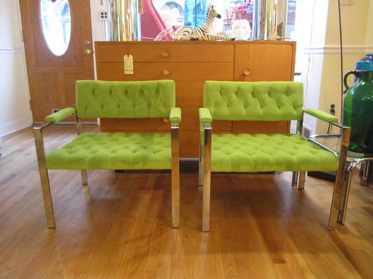 Outstanding pair of Milo Baughman style newly upholstered chrome flat bar lounge chairs.  Wow! these chair are super sexy and in great condition.