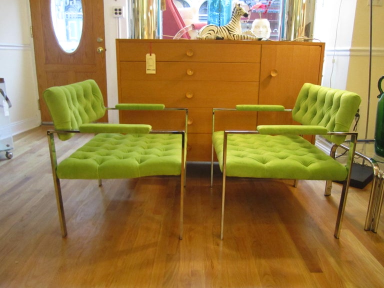 Stunning Pair Mid Century Modern Tufted Chrome Flat Bar Lounge