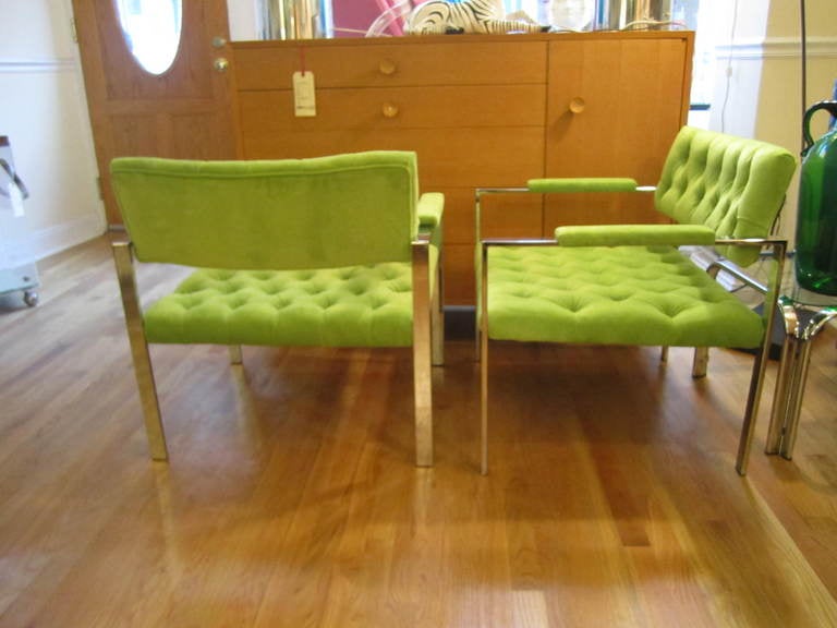 Upholstery Stunning Pair Mid-Century Modern Tufted Chrome Flat Bar Lounge Chairs For Sale