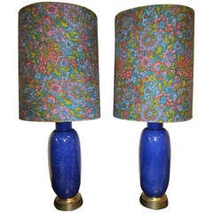Gorgeous Pair of Cobalt Blue Ceramic Drip Glaze Lamps Mid-century Modern 6