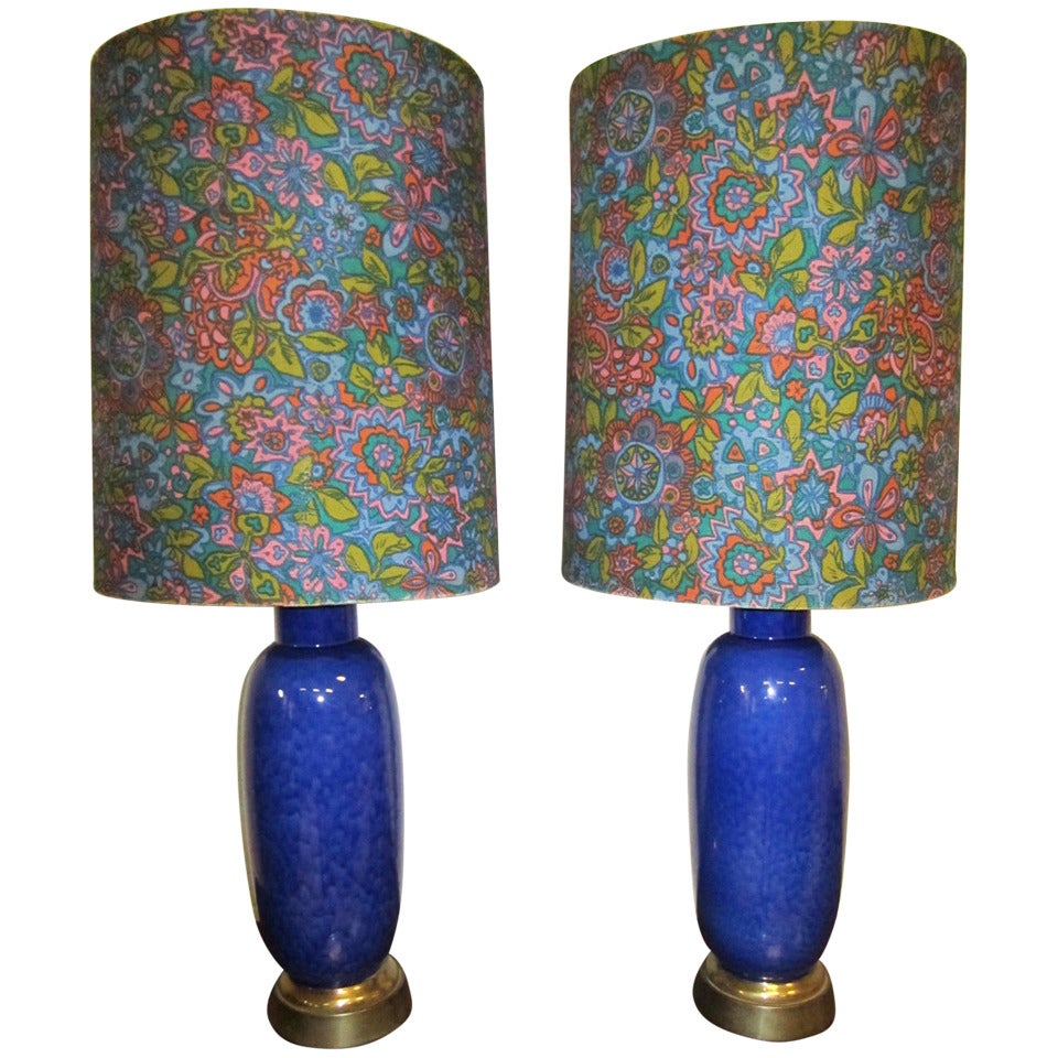 Gorgeous Pair of Cobalt Blue Ceramic Drip Glaze Lamps Mid-century Modern