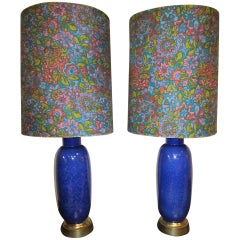 Gorgeous Pair of Cobalt Blue Ceramic Drip Glaze Lamps Mid-century Modern