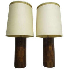 Pair Paul Evans Style Patchwork Walnut lamps Mid-century Modern Lane Brutalist