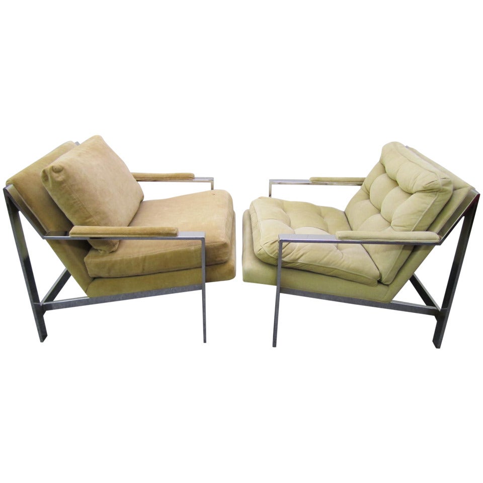 Pair Of Milo Baughman Style Chrome Flat Bar Lounge Chairs Mid-century Modern For Sale