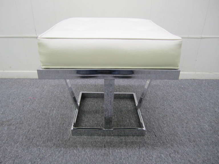 Splendid Milo Baughman Style Chrome Flatbar Ottoman Stool Mid-Century Modern
