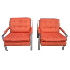 Pair Of Milo Baughman Chrome Flatbar Lounge Chairs