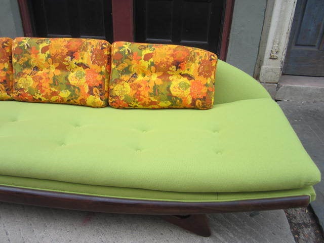 Outstanding Adrian Pearsall fully restored gondola sofa. This piece has been totally overhauled and reupholstered in vintage lime green wool. The back cushions are also redone in original vintage Adrian Pearsall fabric. The straps and foam have all