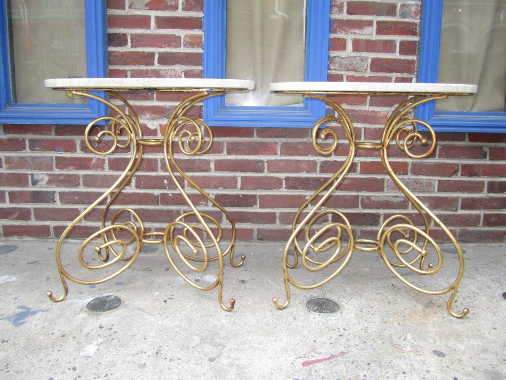 Pair Regency Modern Gilded Side Tables Oval Travertine Tops