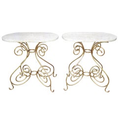 Pair Regency Modern Gilded Side Tables Oval Travertine Tops