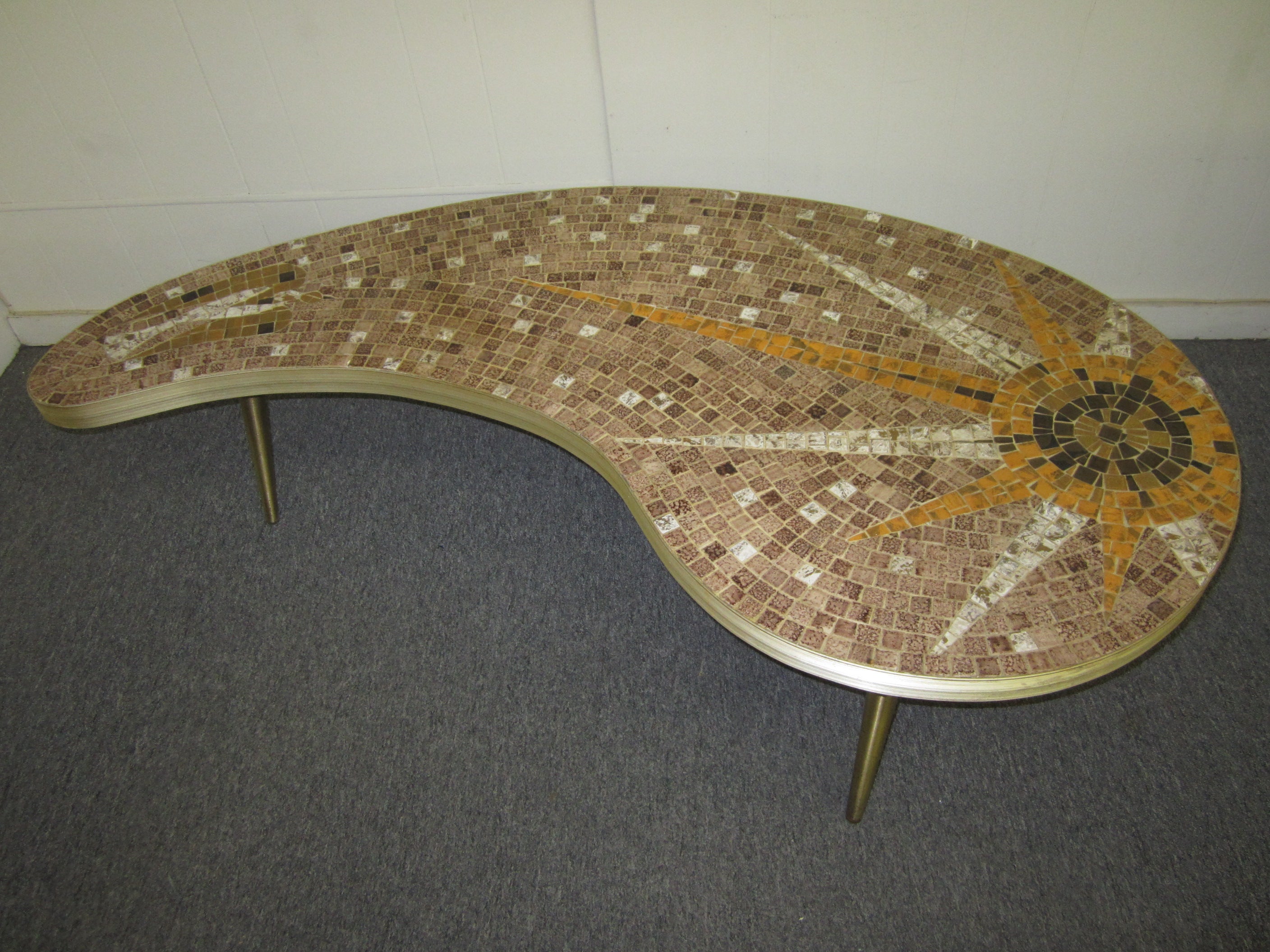 Gorgeous Brass Kidney Shaped Tile Top Coffee Table Mid-century Modern