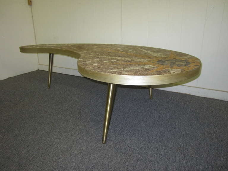 Late 20th Century Gorgeous Brass Kidney Shaped Tile Top Coffee Table Mid-century Modern