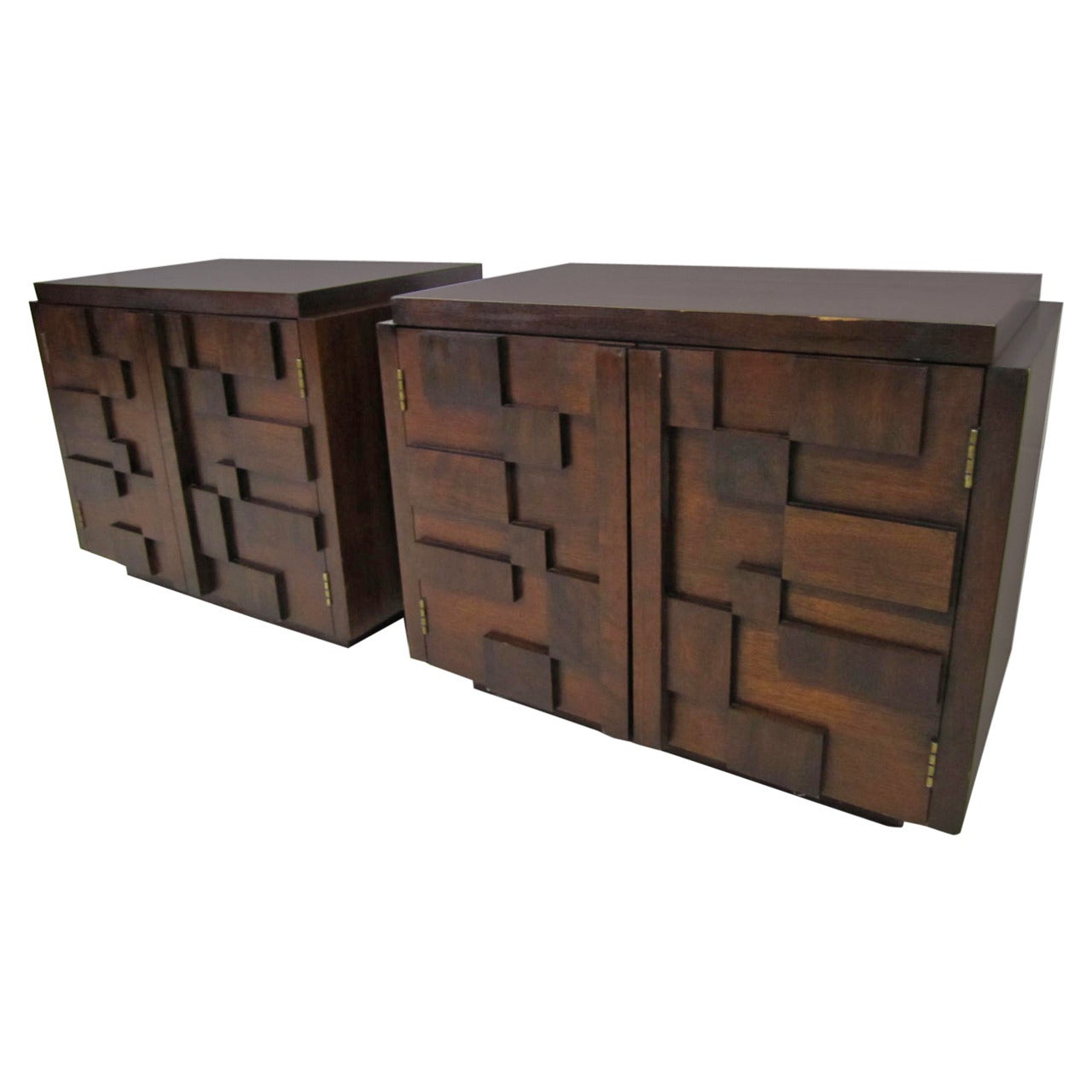 Gorgeous Pair of Paul Evans Inspired Brutalist Mosaic Nightstands from Lane