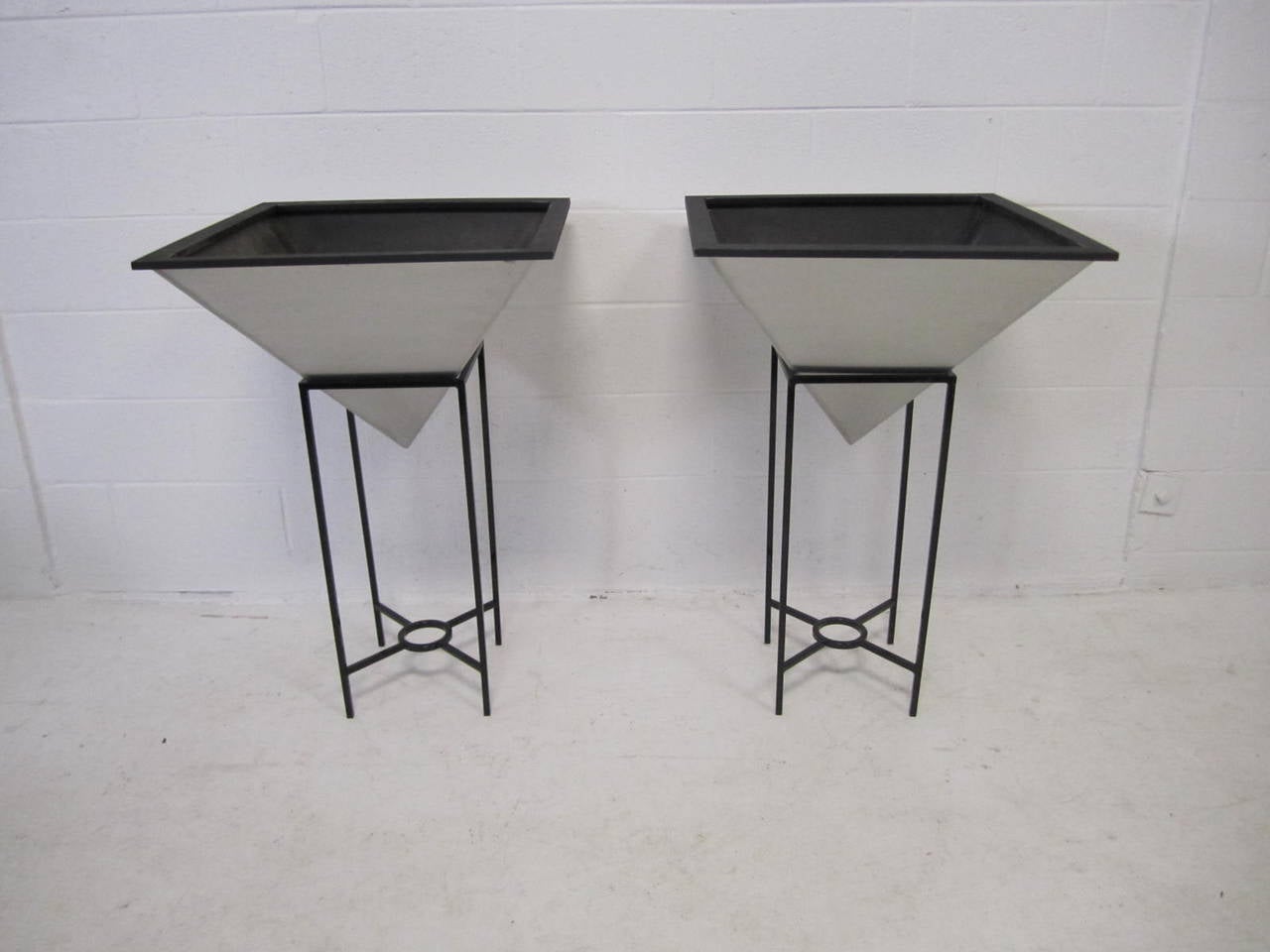 Oversized Inverted Pyramid Planters on Iron Stands Mid-Century Modern For Sale 1