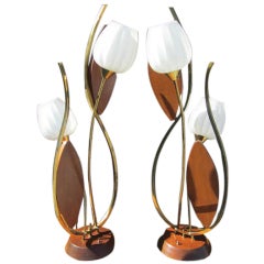Pair Danish Modern Walnut And Brass Flora Lamps