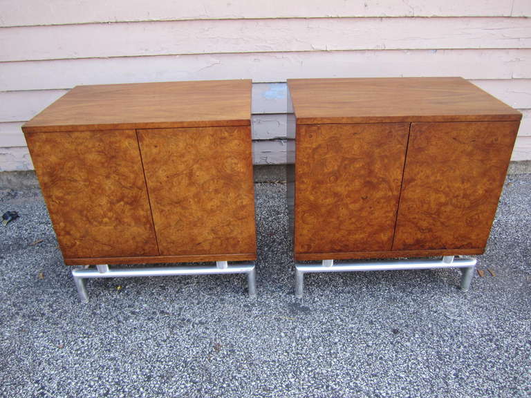 Lovely Pair American Mid-century Modern Burled Walnut Night Stands Chrome Base 5