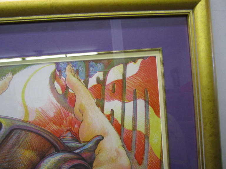 Fine XX secolo Oltraggiosa litografia Sogno Americano Nudo con Porsche Mid-century Modern in vendita