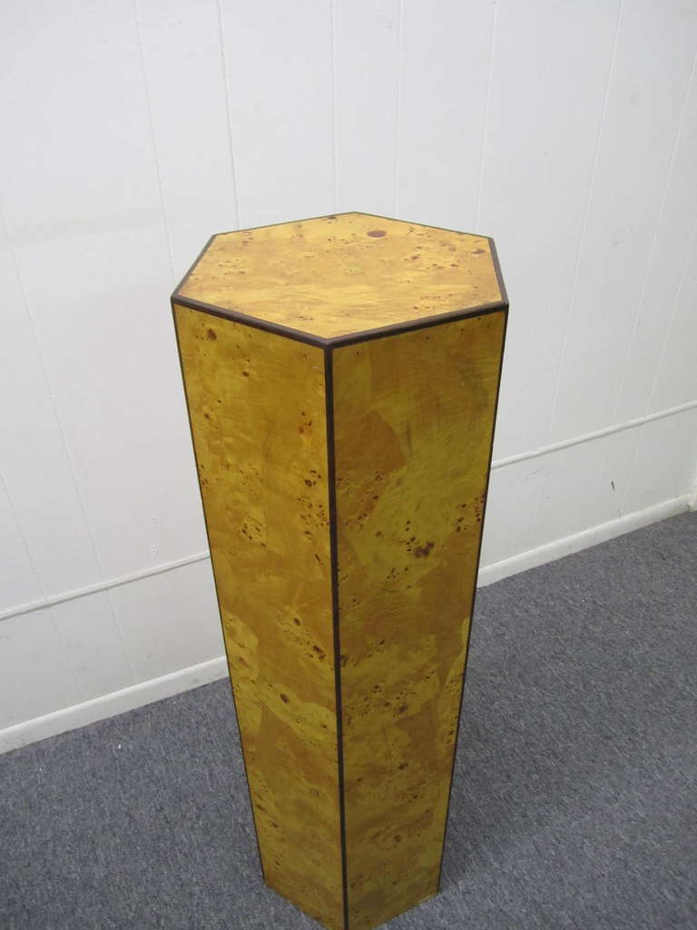 Stunning Milo Baughman style burled olivewood patchwork pedestal.    Edged with thin rosewood details and covered in unique shaped burled olivewood patchwork.  You will love this piece.