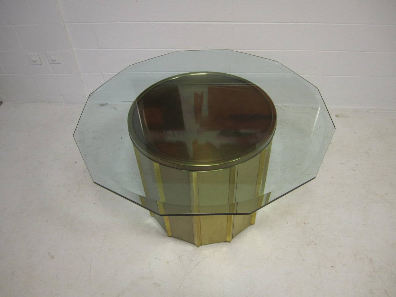 Mid-Century Modern Round Brass Barrel Mastercraft Dining Table Base with Octagon Glass