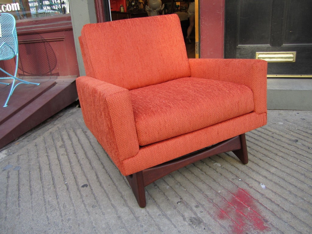 OUTSTANDING ADRIAN PEARSALL NEWLY UPHOLSTERED SCULPTURAL WALNUT LOUNGE CHAIR.  THE FABRIC IS A VIBRANT ORANGE WOVEN NUBBY FABRIC.  THE CUSHIONS ARE PLUSH AND VERY COMFORTABLE. MAGNIFICENT STYLE WITH FRESH NEW FABRIC