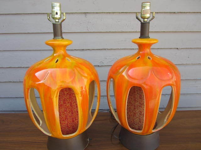 Pair Of Mid-century Modern Orange Drip Glazed Lamps Cut Outs 2