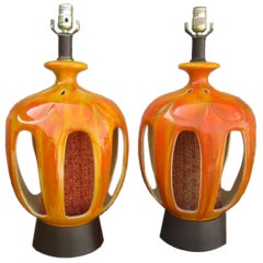 Pair Of Mid-century Modern Orange Drip Glazed Lamps Cut Outs