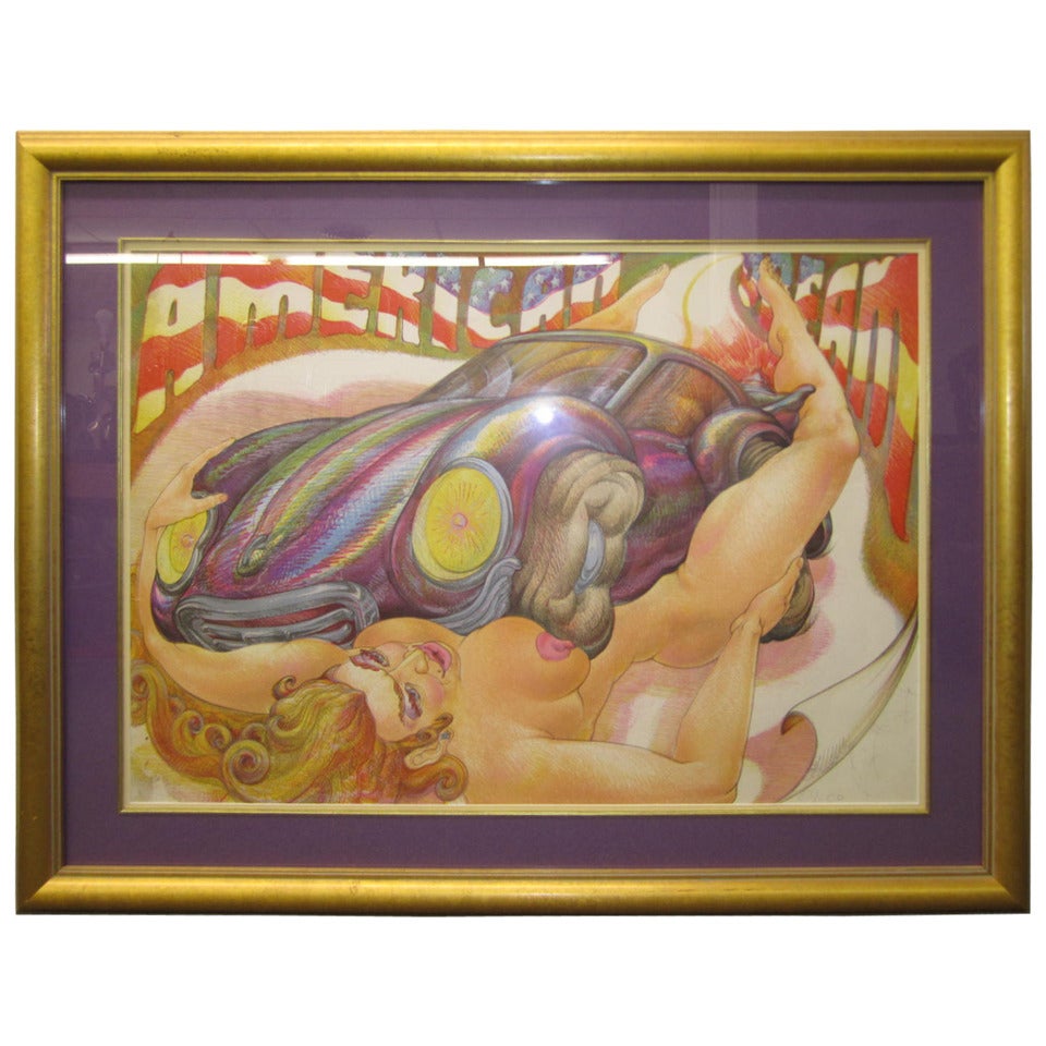 Outrageous Lithograph American Dream Nude with Porsche Mid-century Modern