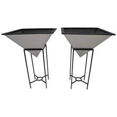 Oversized Inverted Pyramid Planters on Iron Stands Mid-Century Modern