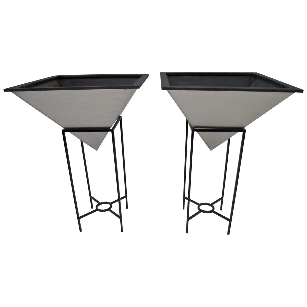 Oversized Inverted Pyramid Planters on Iron Stands Mid-Century Modern