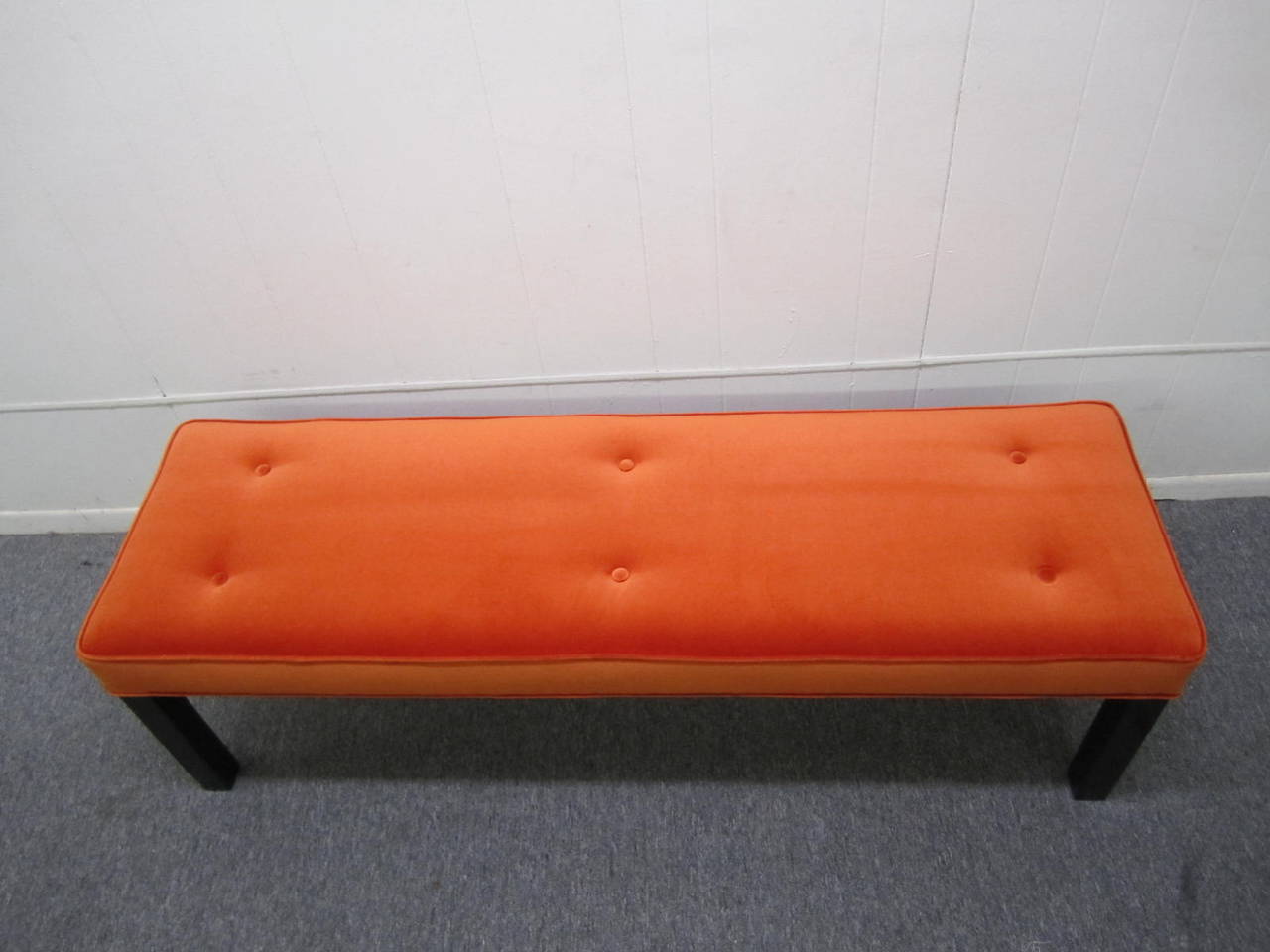 Gorgeous Probber style bench with new orange velvet upholstery