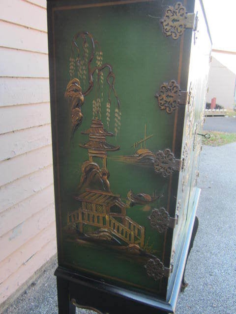 Mid-20th Century Fantastic Regency Modern Tall Green Chinoiserie Cabinet