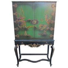 Vintage Fantastic Regency Modern Tall Green Chinoiserie Cabinet
