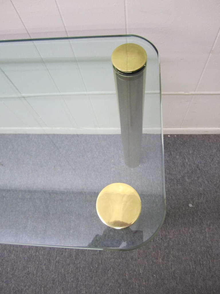American Gorgeous Glass & Brass Console with Cylindrical Legs by Pace Collection, Mid-Century Modern